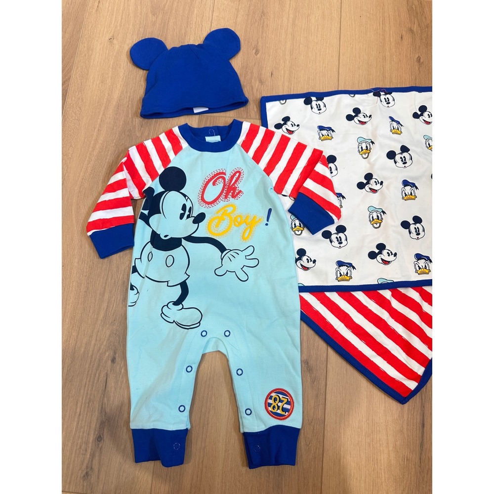 Disney Baby Boy Mickey Mouse Romper Hat and burp cloth Set 3-6 Months Blue Red - Picture 3 of 10